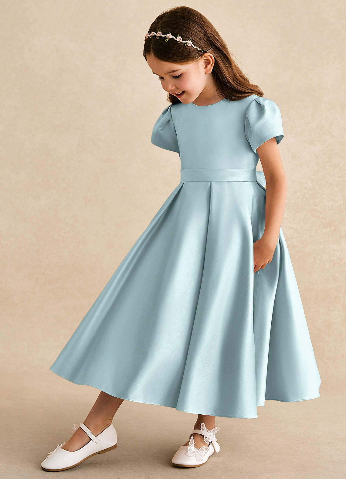 Azazie Princess Flower Girl Dresses Mist A-Line Pleated Matte Satin Dress image1