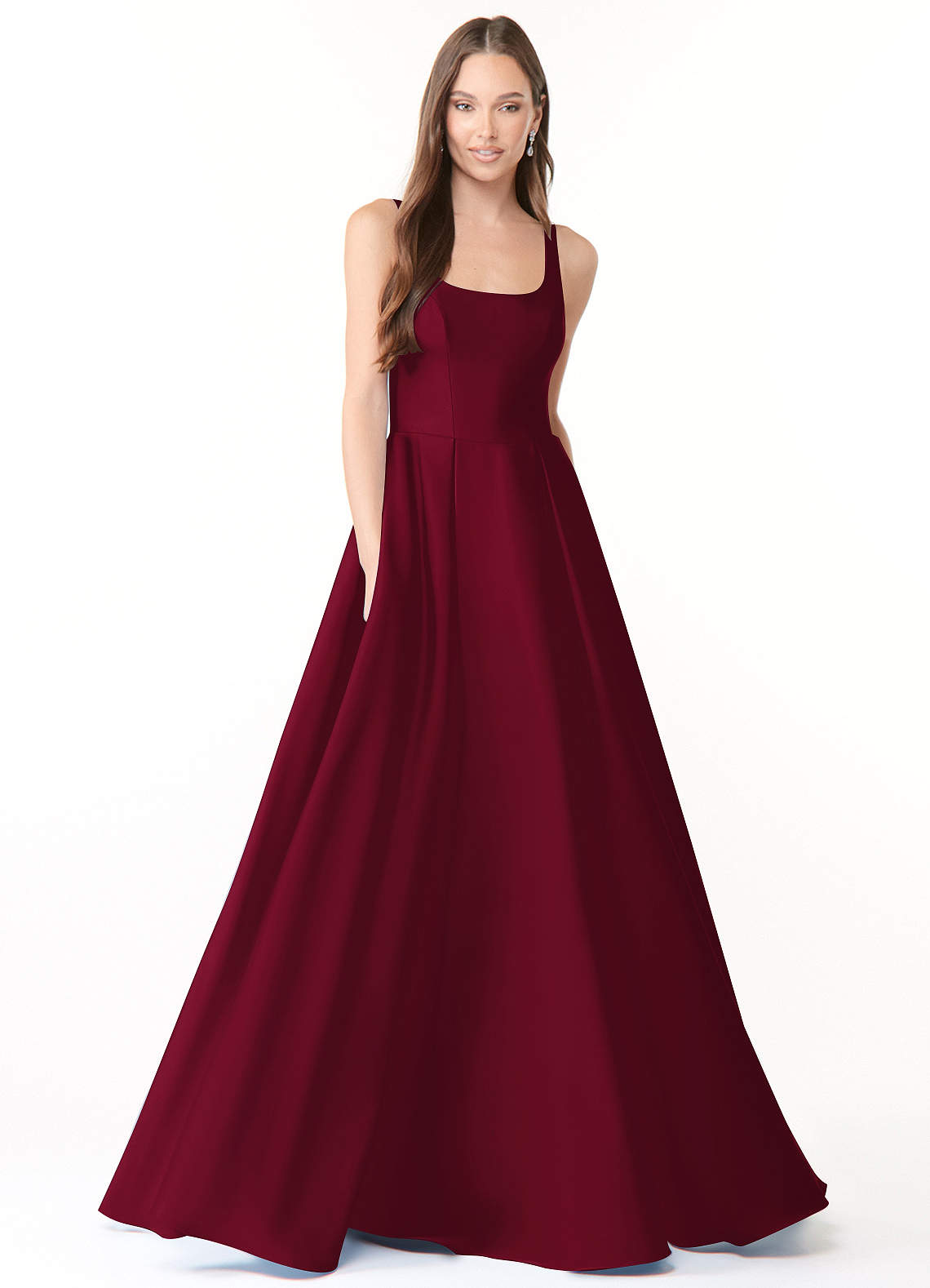 Azazie Neve Vestidos de damas de honor Vestido de Borgoña de Satén Elástico de Corte Princesa con Con bolsillos image1
