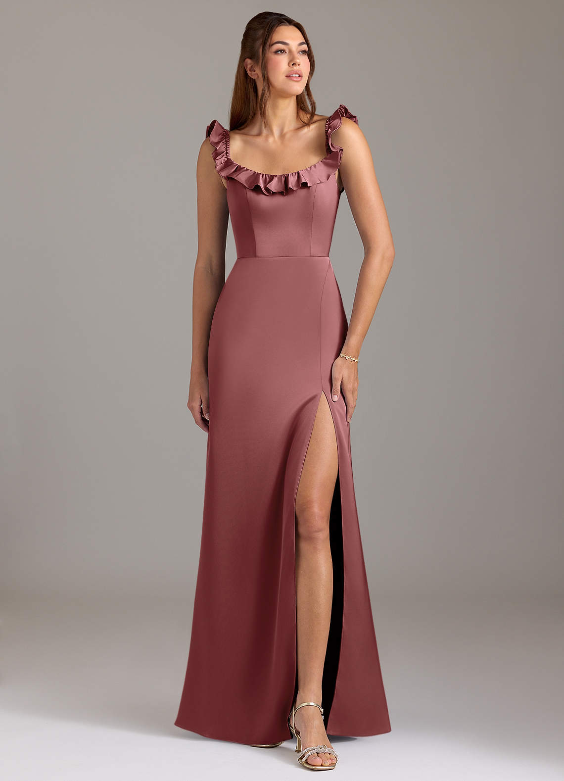 Azazie Callie Bridesmaid Dresses Amethyst A-Line Ruched Stretch Satin Convertible Dress image1