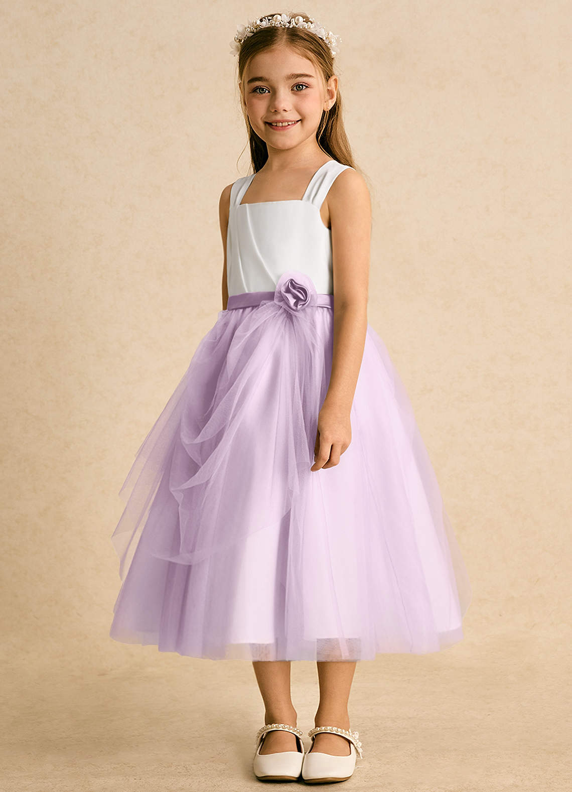 Azazie Bonny Flower Girl Dresses Ivory Frosted Lilac Ball-Gown Pleated Tulle Dress image1