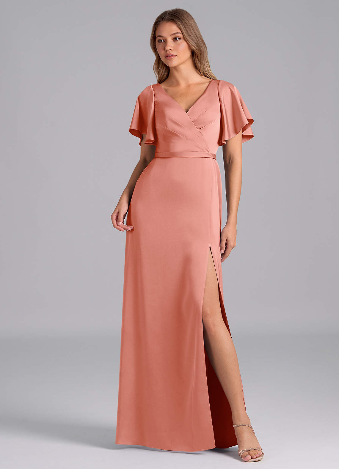Azazie Ambrosia Bridesmaid Dresses Coral A-Line Pleated Stretch Satin Dress image1