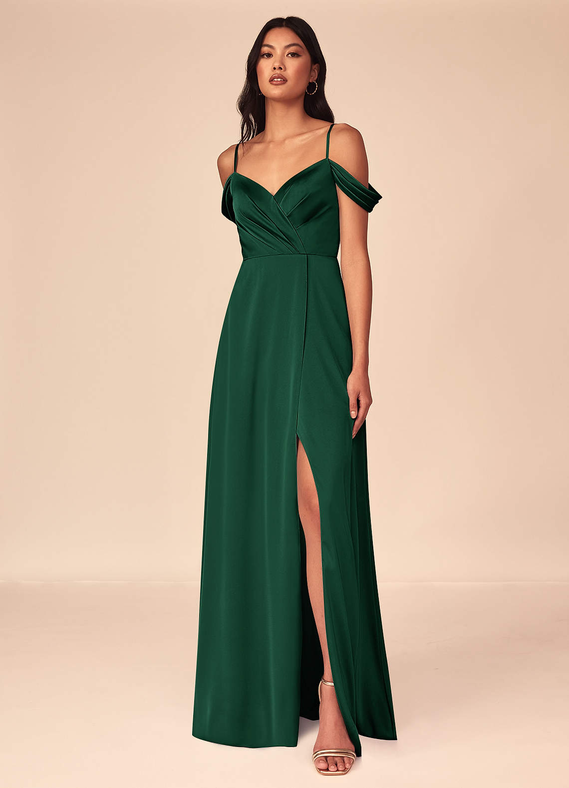 Azazie Ocean Bridesmaid Dresses Dark Green A-Line V-Neck Pleated Stretch Satin Dress image1