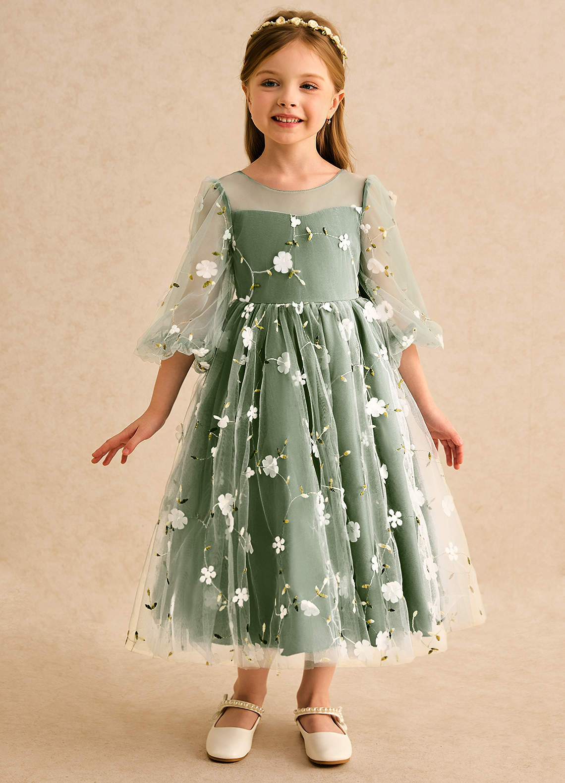 Azazie Elowen Flower Girl Dresses Olive A-Line Sweetheart Neckline Lace Dress image2