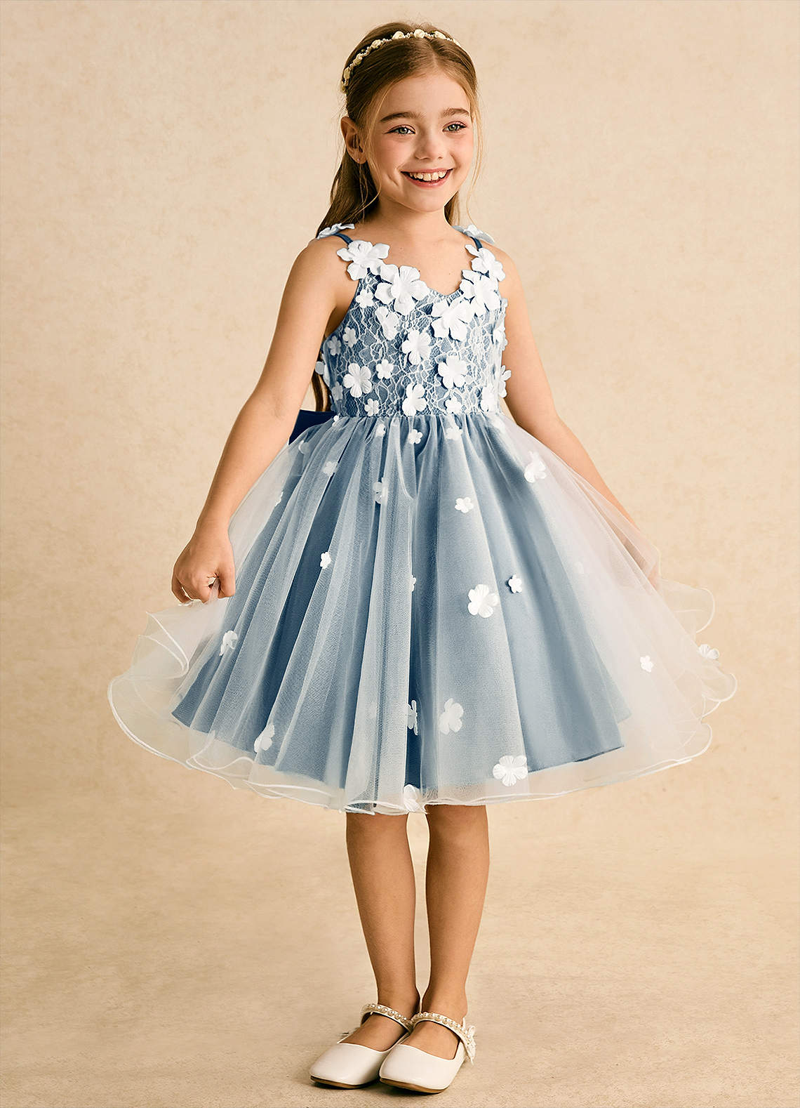 Azazie Junebug Blumenmädchenkleider Ballkleid Spitze Tüll Kleid Elfenbein Bermudablau image4