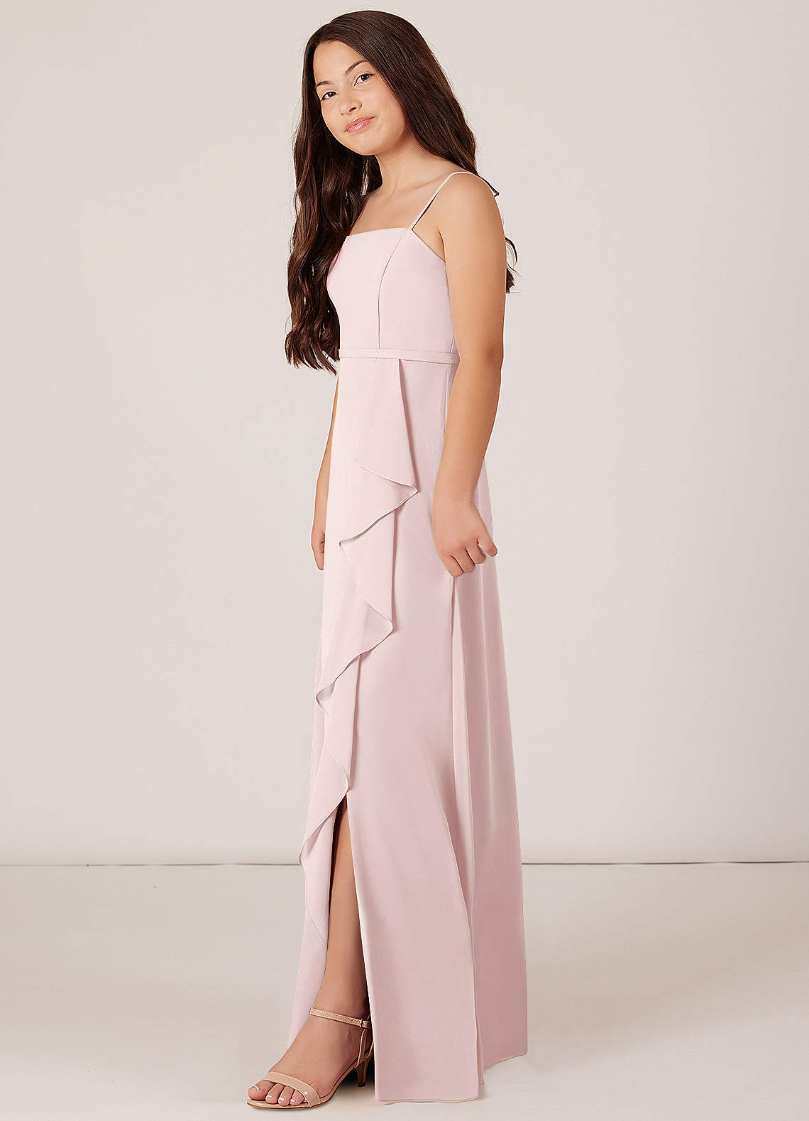 Azazie Kaylee Junior Blushing Pink A-Line with Belt Chiffon Dress image2