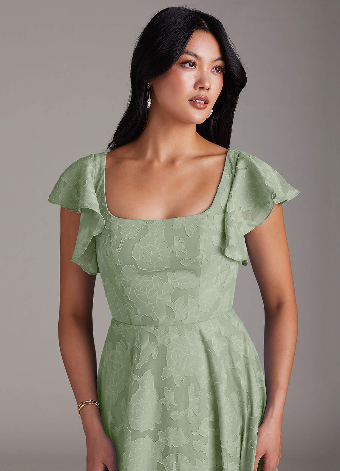 Azazie Bondi Bridesmaid Dresses Dusty Sage A-Line Side Slit Floral Burnout Dress image5