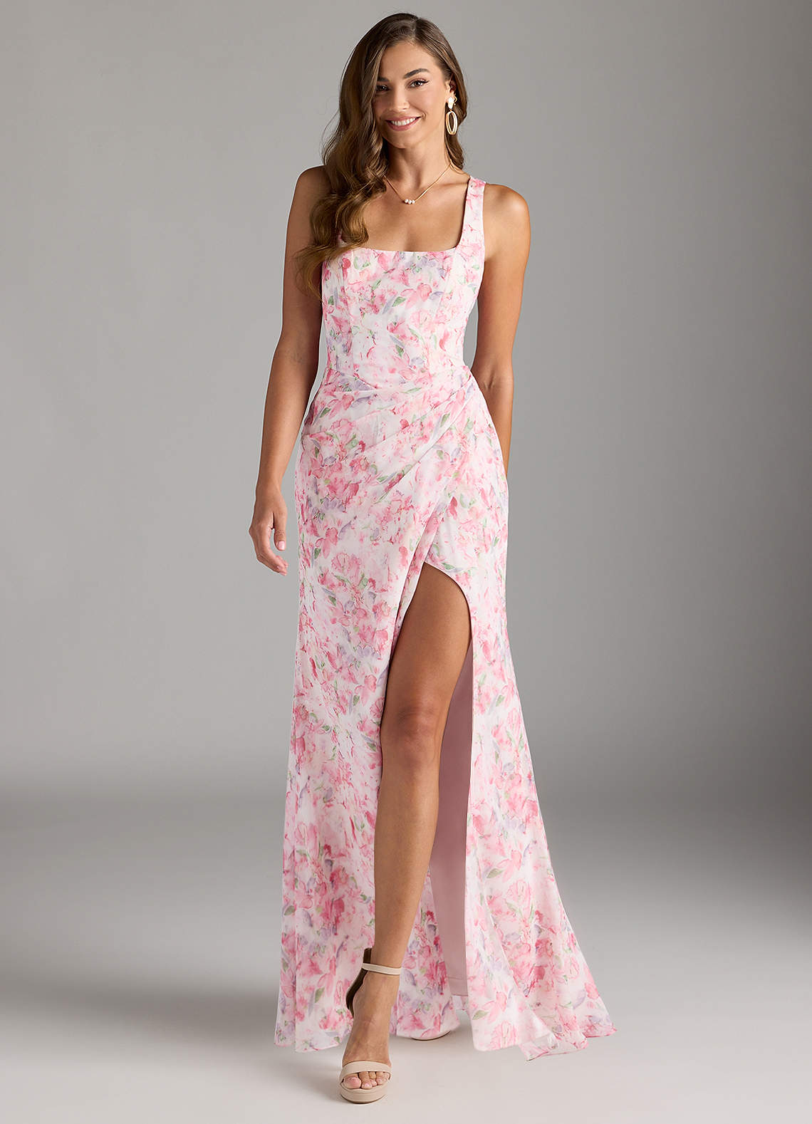 Azazie Mero Bridesmaid Dresses Abstract Watercolor Floral Sheath Pleated Chiffon Dress image1
