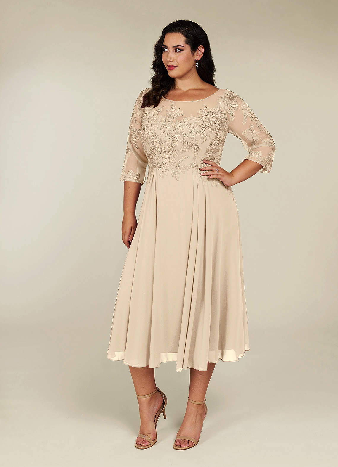 A-Line Scoop Neck Pleated Chiffon Tea-Length Dress Orange main image 1