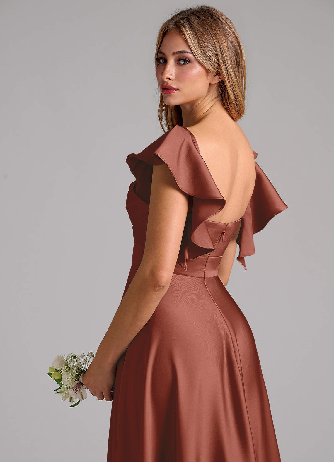 Azazie Leilani Bridesmaid Dresses Auburn A-Line Ruched Stretch Satin Dress image8