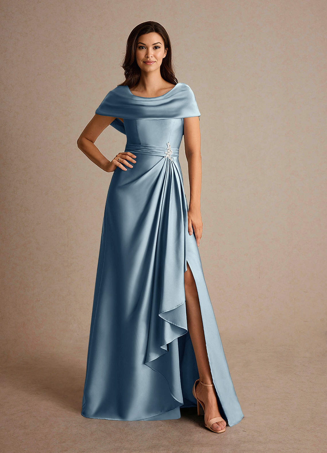 Azazie Branford Mother of the Bride Dresses Dusty Blue A-Line Pleated Stretch Satin Dress image4