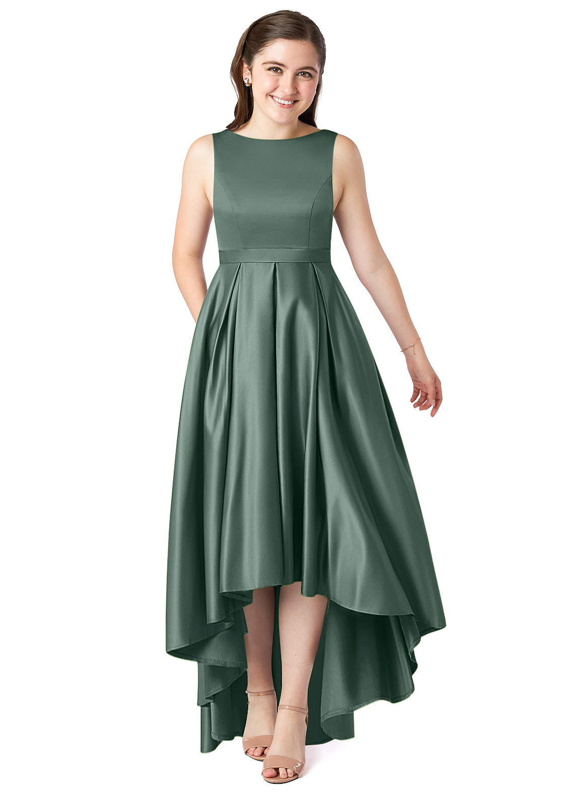 Azazie Inaya Junior Sea Moss A-Line with Belt Stretch Satin Dress image1