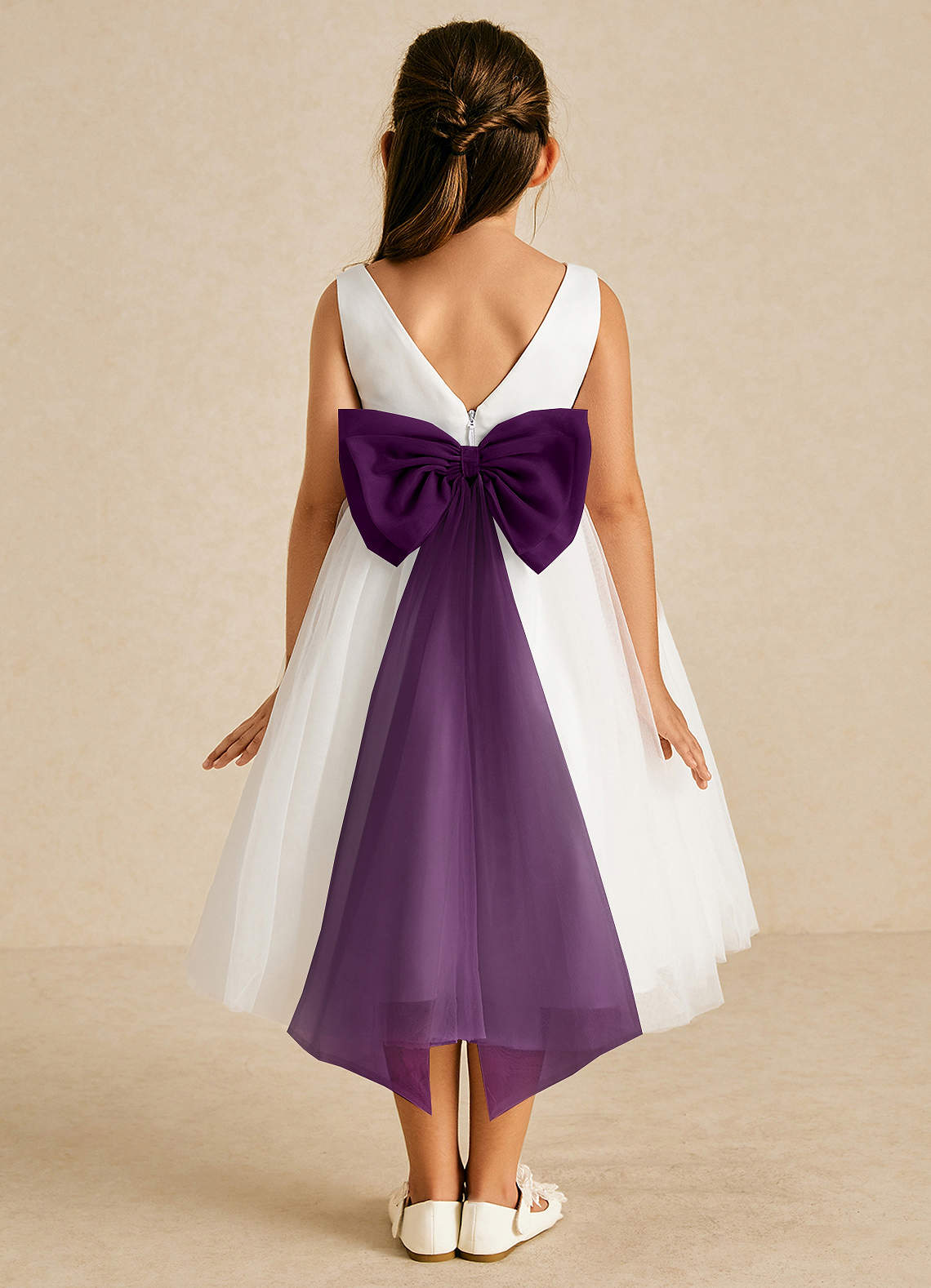 Azazie Kavi Flower Girl Dresses Ivory Grape A-Line Bow Matte Satin Dress image1