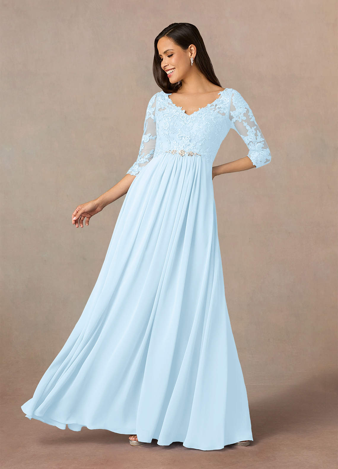 Azazie Hayek Mother of the Bride Dresses Sky Blue A-Line V-Neck Lace Chiffon Dress image1