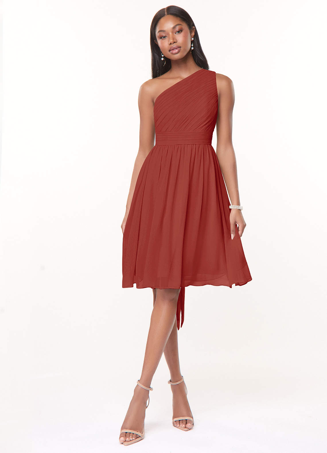 Azazie Katrina Robes de demoiselle d'honneur Robe Trapèze en Mousseline de soie Ue épaule Terracotta image1