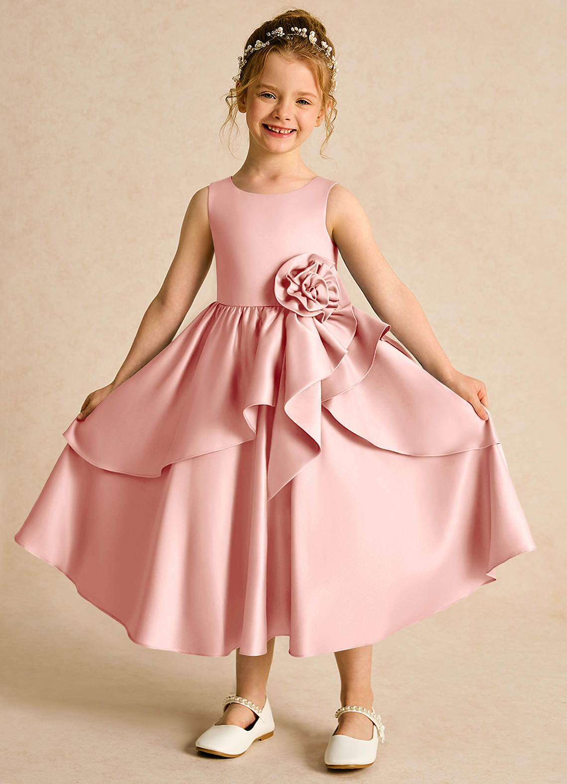 Azazie Hermia Flower Girl Dresses Rosette A-Line Sleeveless Matte Satin Dress image1