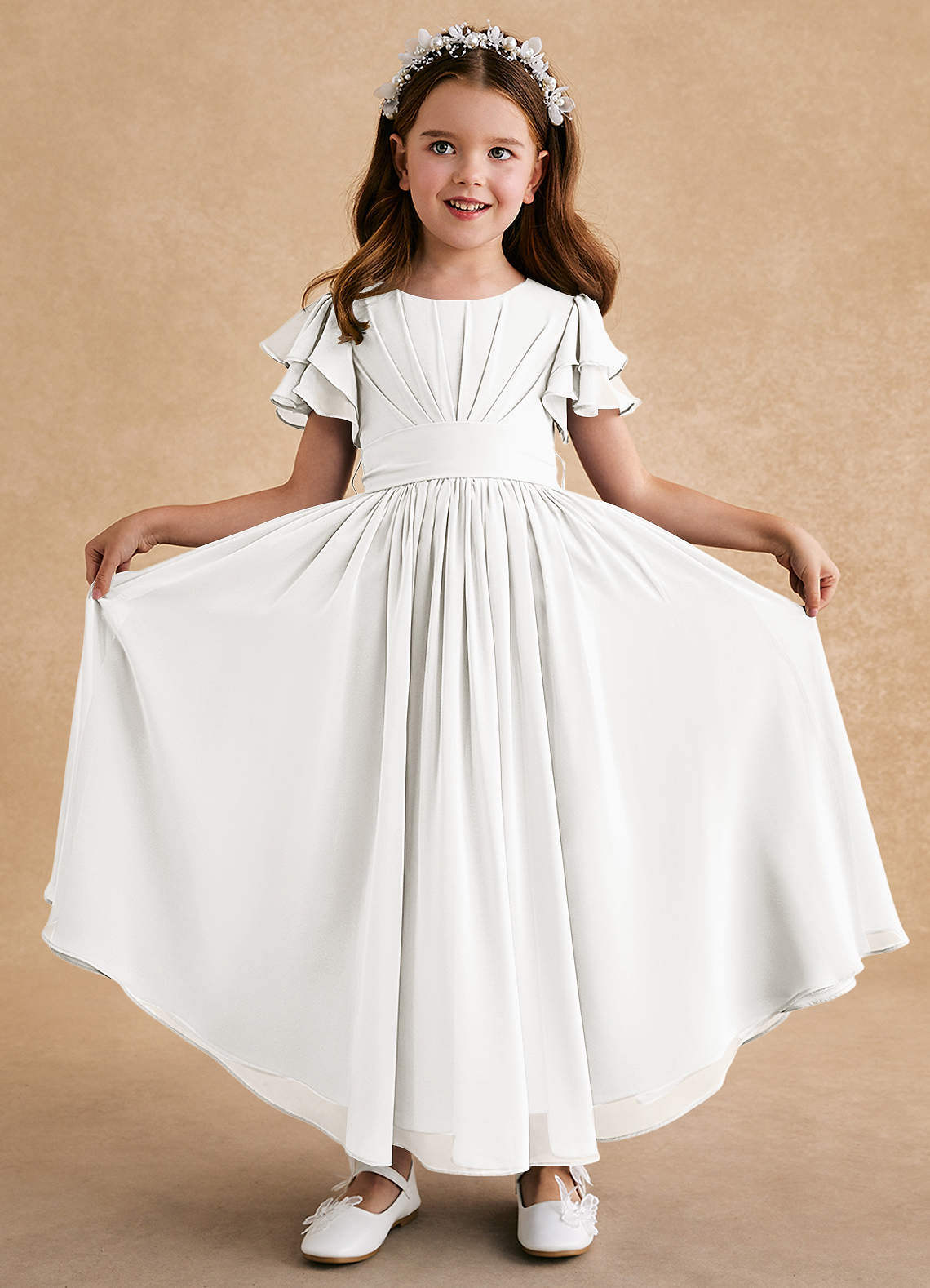 Azazie Ali Abiti da Ragazza di Fiori Abito A-Line in Chiffon Plissettato Avorio image1