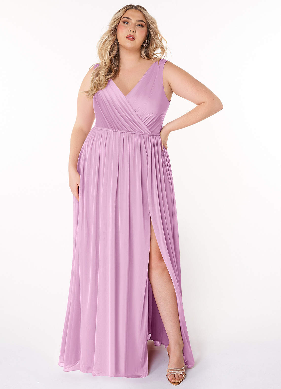 Azazie Tanicia Bridesmaid Dresses Candy Pink A-Line V-Neck Pleated Mesh Dress image1