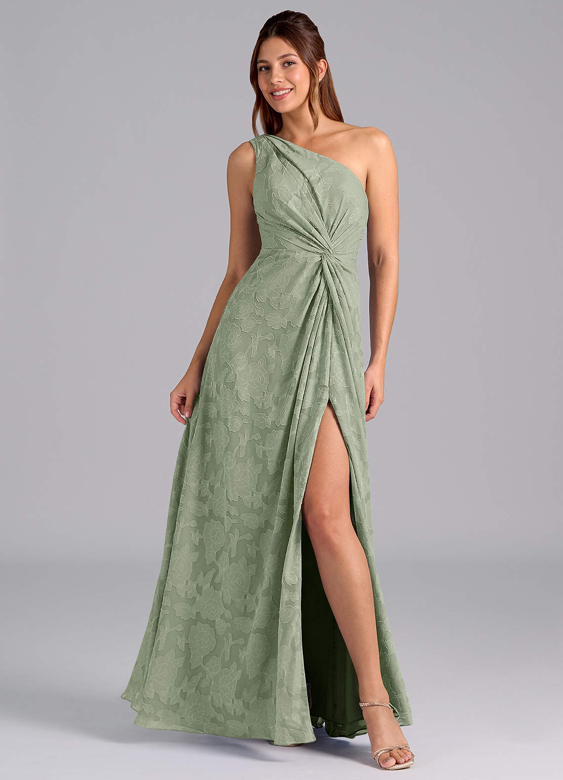 Azazie Brooke Bridesmaid Dresses Agave A-Line One Shoulder Floral Burnout Dress image1