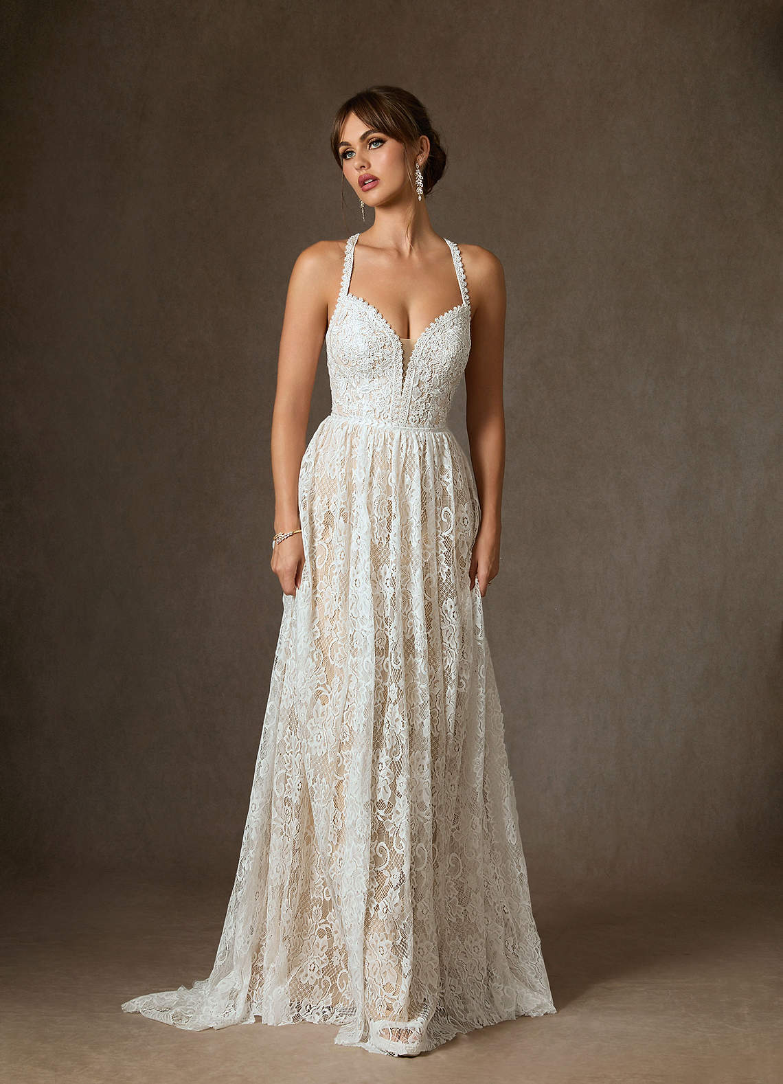 Azazie August Wedding Dresses Diamond White Champagne A-Line Lace Dress image3