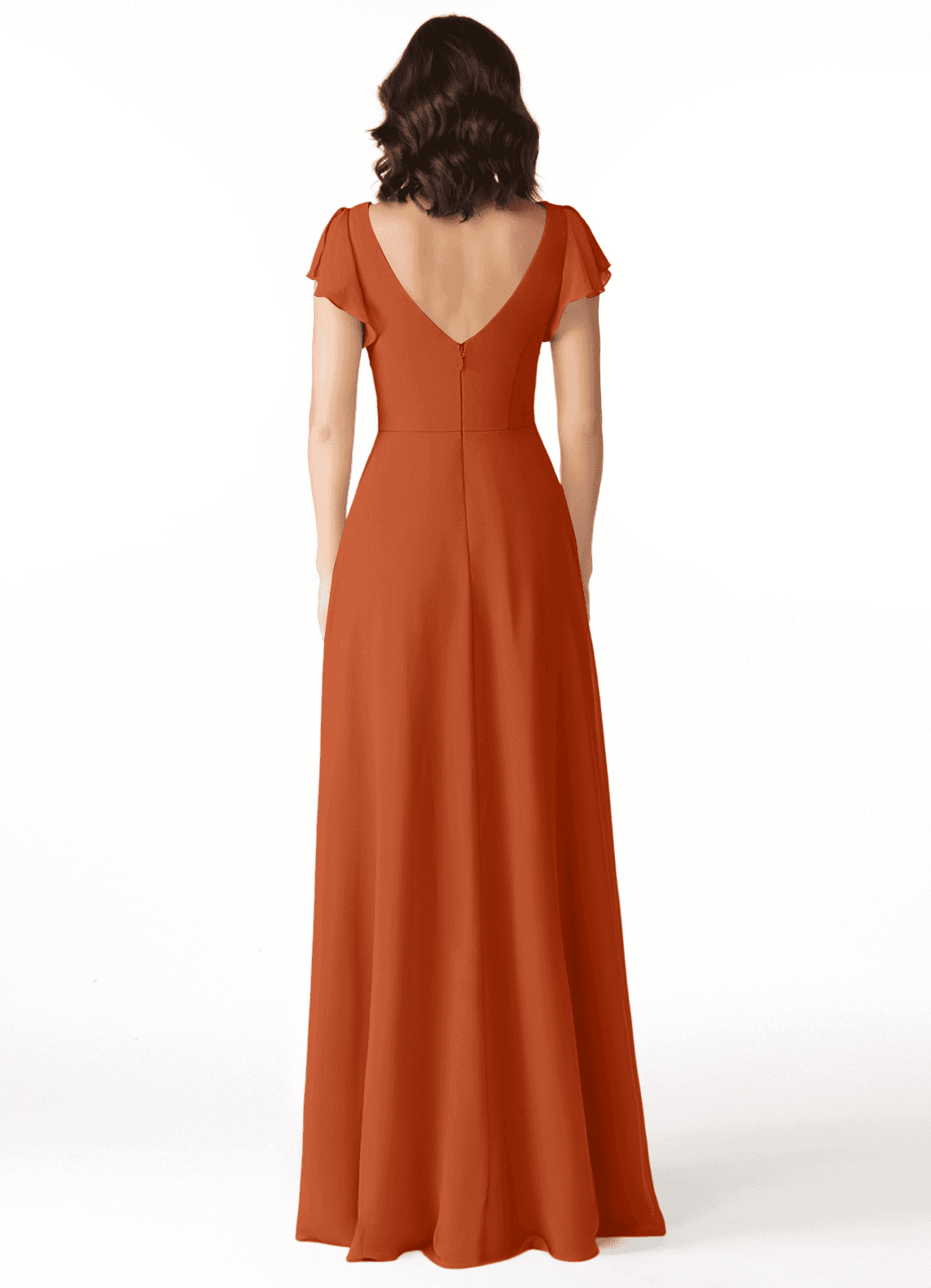 azazie burnt orange bridesmaid dresses Rust She features a square neckline with flutter sleeves and a self tie scoop back Azazie A-Line V-Neck Floor-Length Chiffon