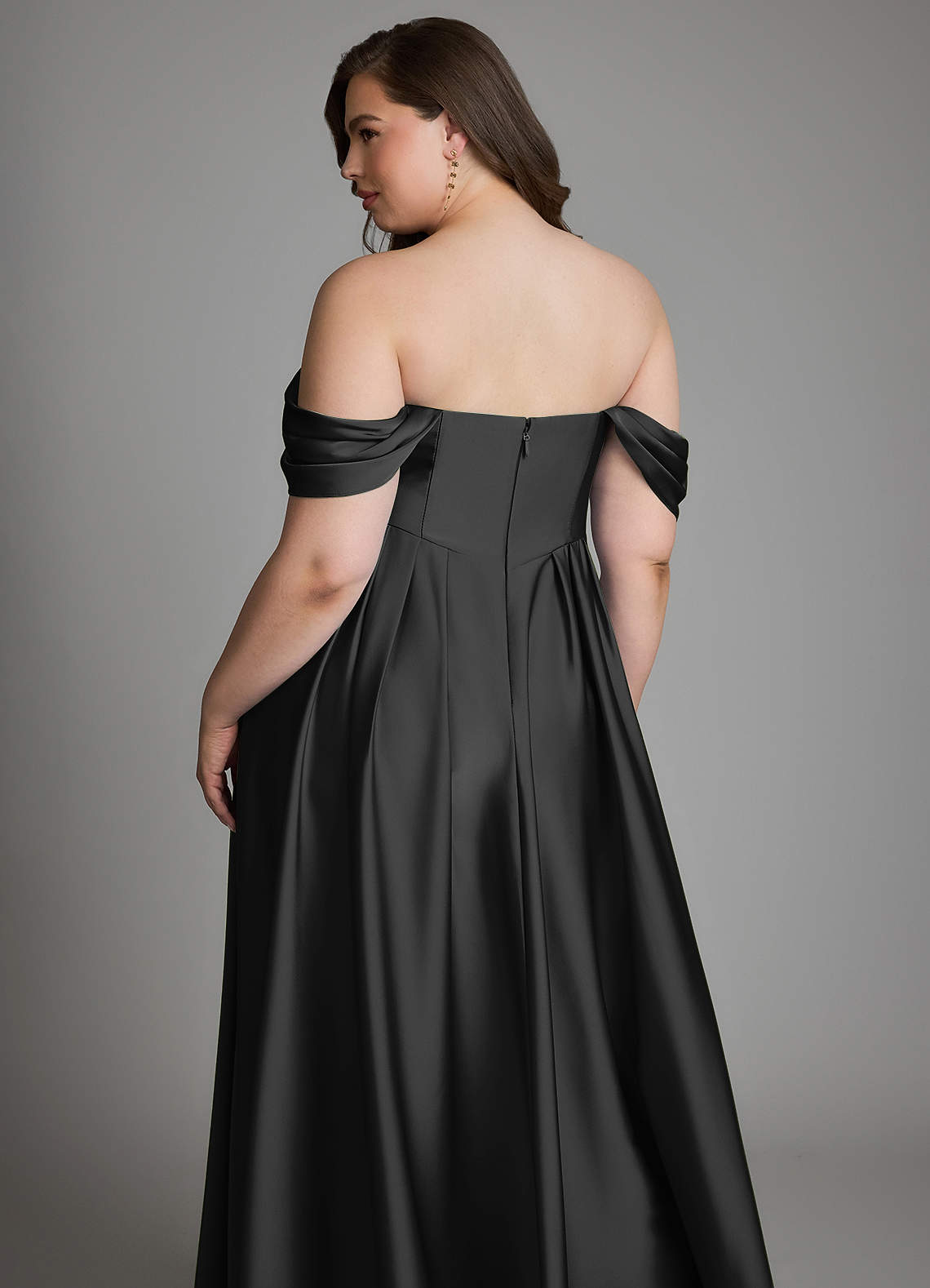Azazie Loisa Bridesmaid Dresses Black A-Line Off the Shoulder Stretch Satin Dress image15