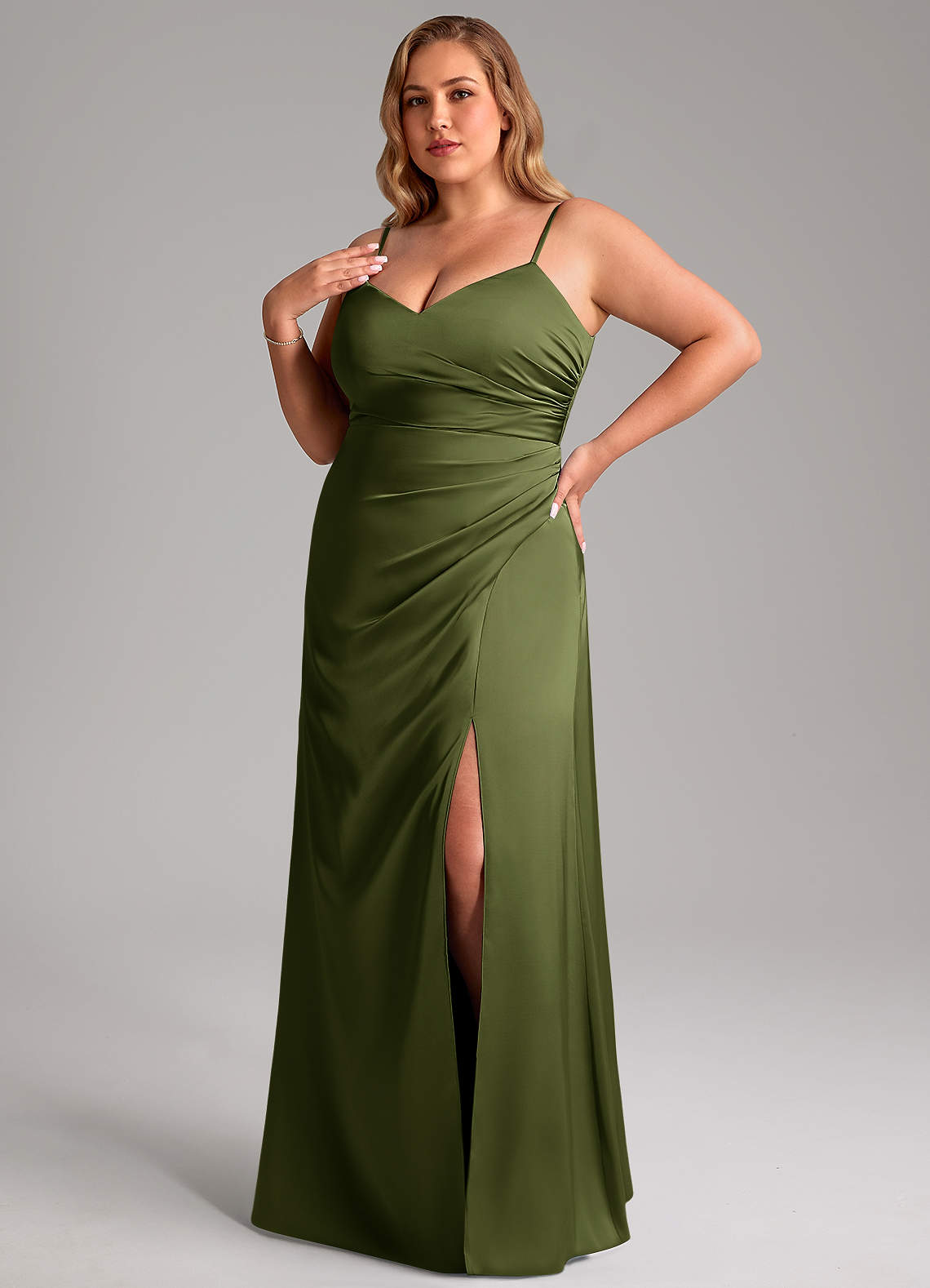 Azazie Azuree Bridesmaid Dresses Olive A-Line Pleated Stretch Satin Dress image1