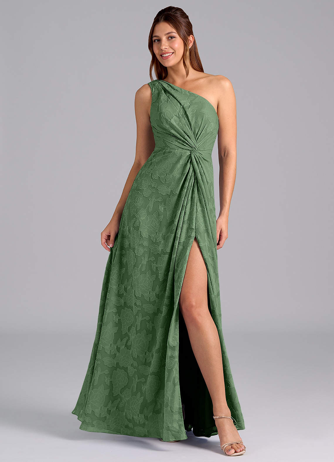 Azazie Brooke Bridesmaid Dresses Eucalyptus A-Line One Shoulder Floral Burnout Dress image1