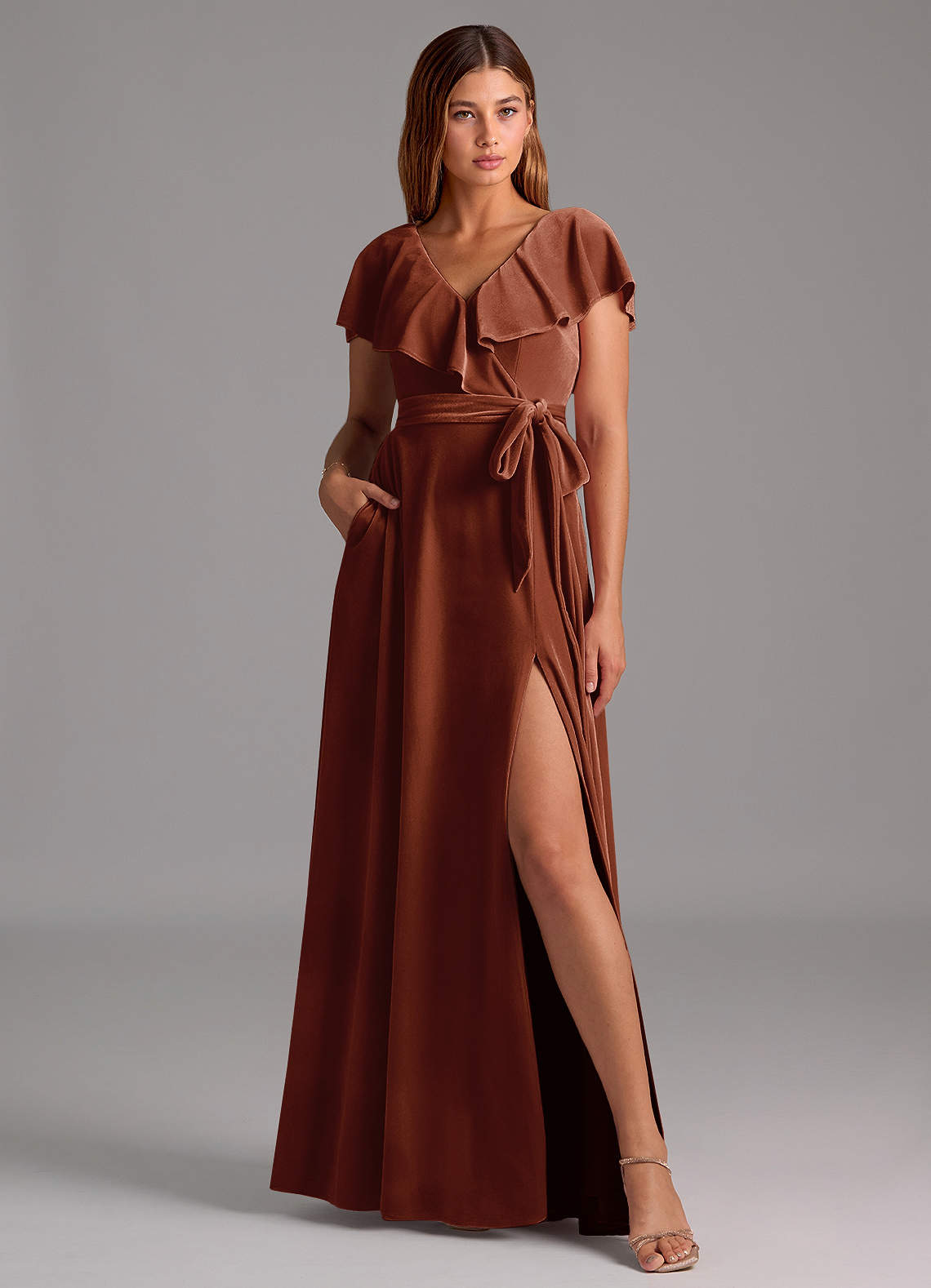 Azazie Lainey Bridesmaid Dresses Terracotta A-Line Ruched Velvet Dress image1