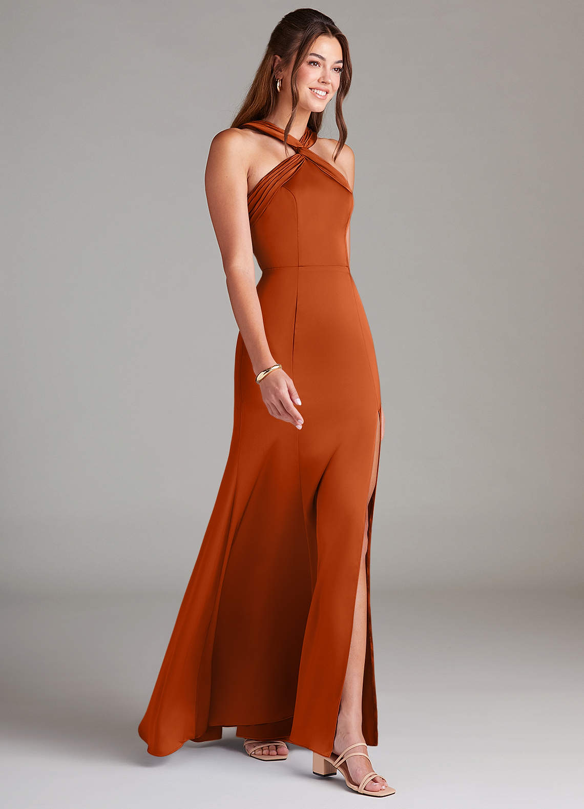 Azazie Rue Bridesmaid Dresses Burnt Orange Mermaid Pleated Stretch Satin Dress image3