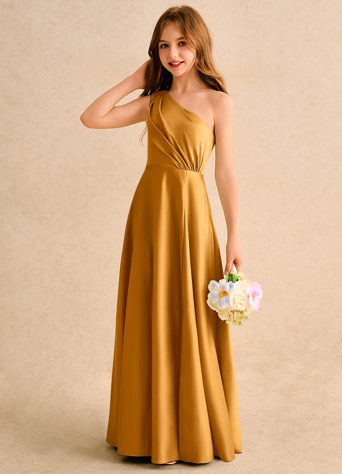 Azazie Puddles Girls Formal Butterscotch A-Line One Shoulder Matte Satin  Dress | Azazie CA