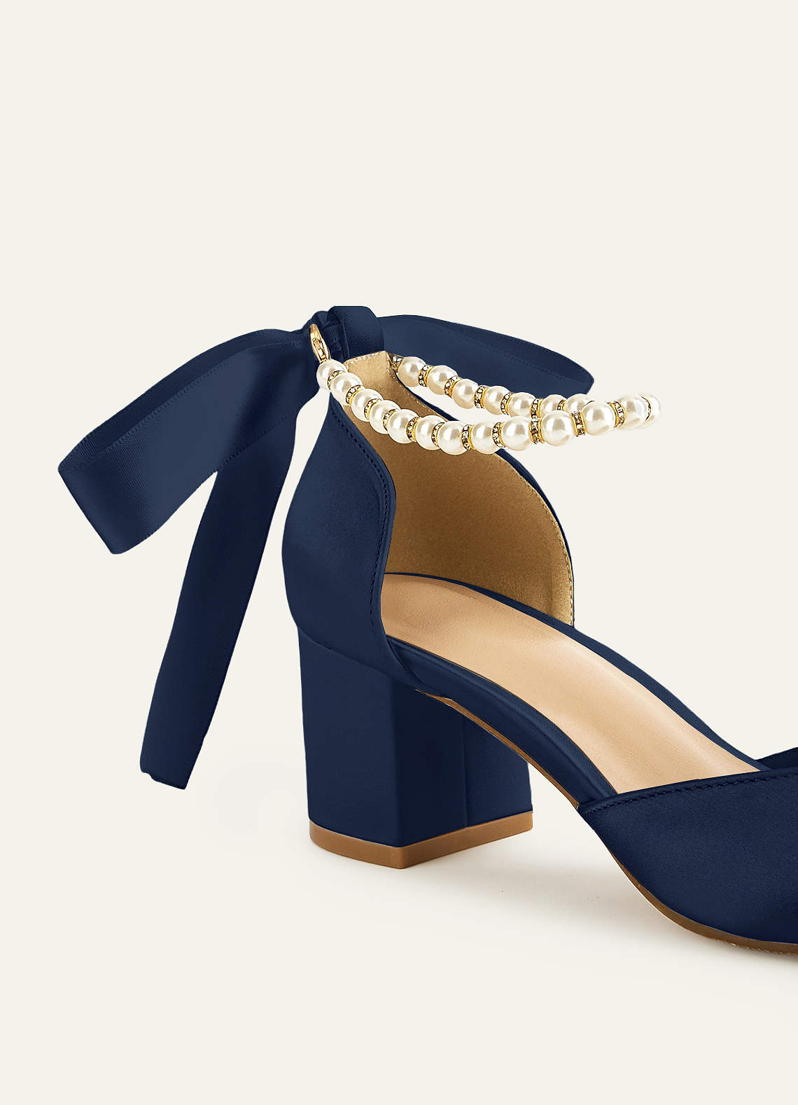 front Matching Color Matte Satin Pearl and Bow Pointed Toe Block Heels