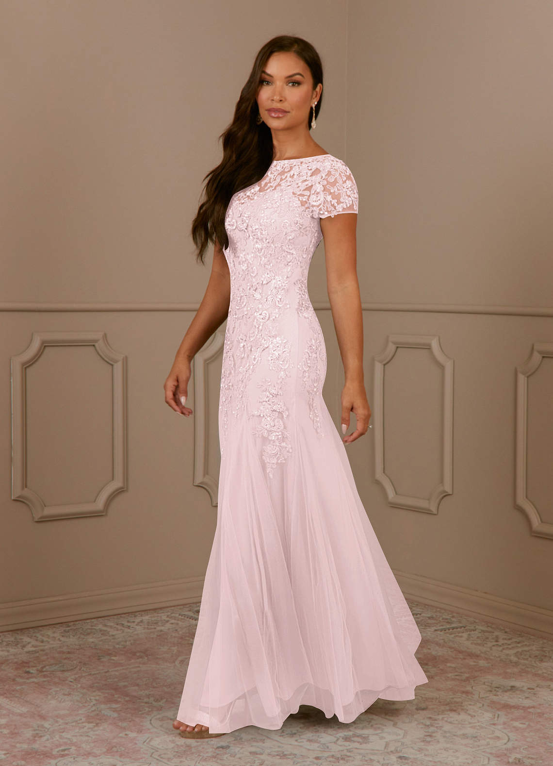 Azazie Laurie Mother of the Bride Dresses Blushing Pink Mermaid Scoop Sequins Tulle Dress image2