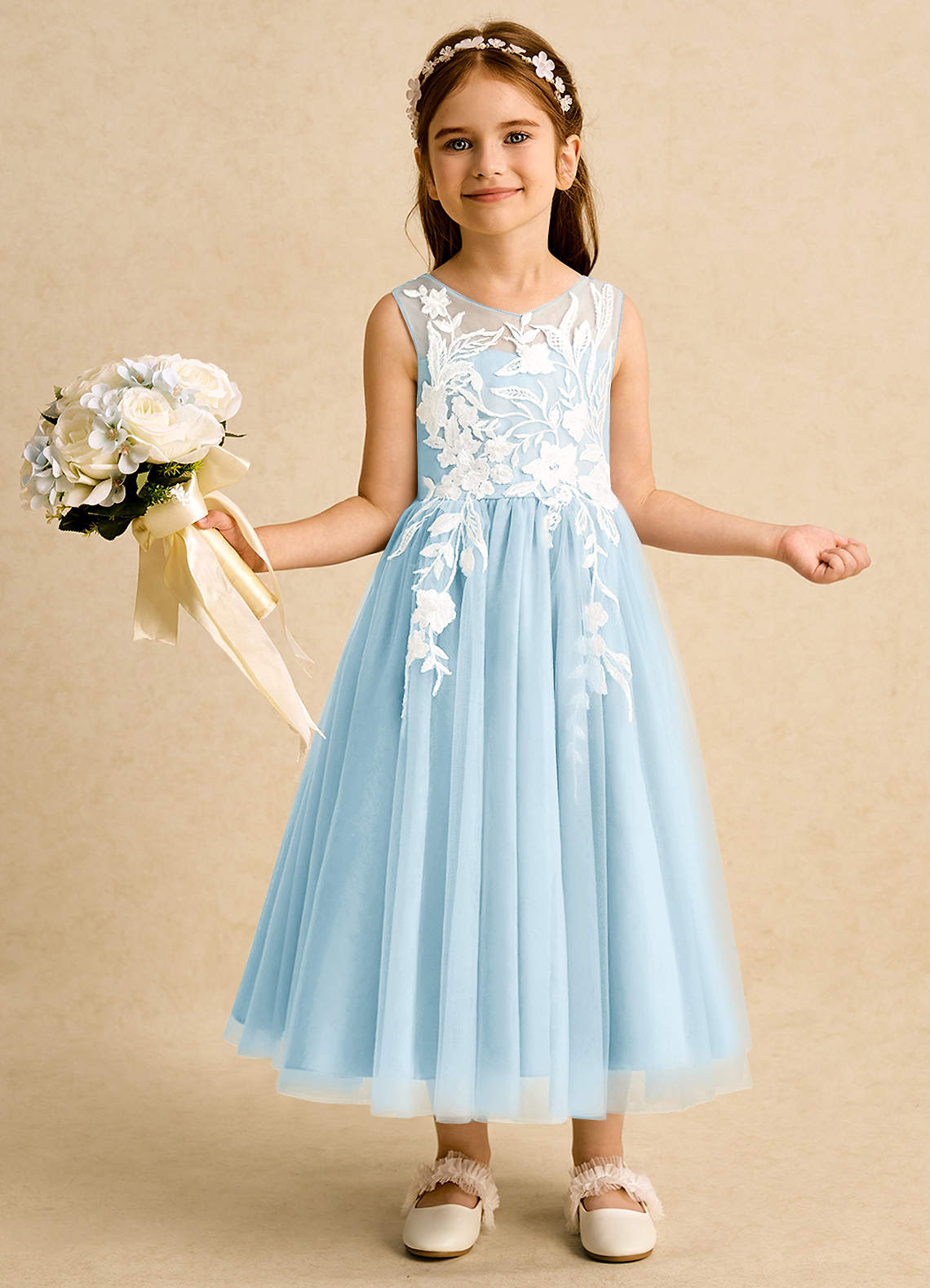 Azazie Sundae Robe Demoiselle D'honneur Fillette Robe Princesse en Dentelle Bleu Ciel image1