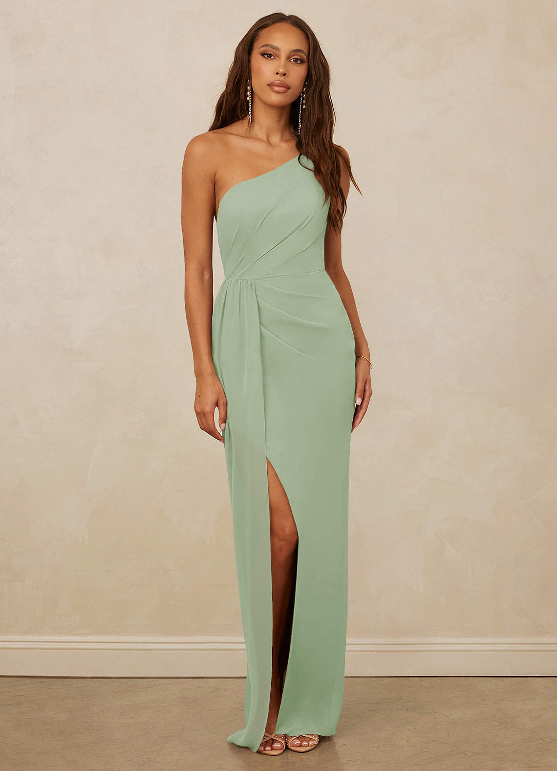 Christian Siriano Bridal for Azazie 1003 Bridesmaid Dresses Dusty Sage Sheath One Shoulder Chiffon Dress image1