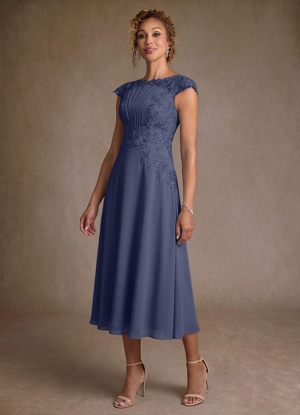 Azazie Crista Mère de la mariée Robes Robe Trapèze en Mousseline de soie Dentelle Bleu Orageux image3