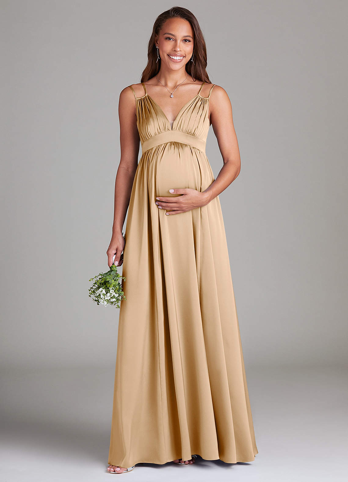 Azazie Emree Maternity Bridesmaid Dresses A-Line Stretch Satin Floor-Length Dress with Pockets image1