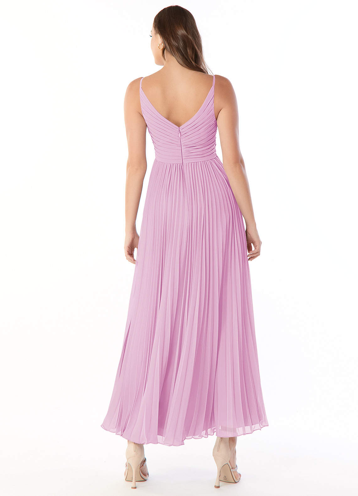 Azazie Raychelle Vestidos de damas de honor Vestido de Rosa Caramelo de Gasa de Línea A con Cuello en V image4