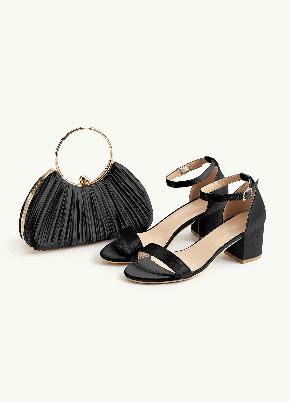 front Matching Color Metallic Satin Block Low Heel Sandals & Pleated Handbag Set