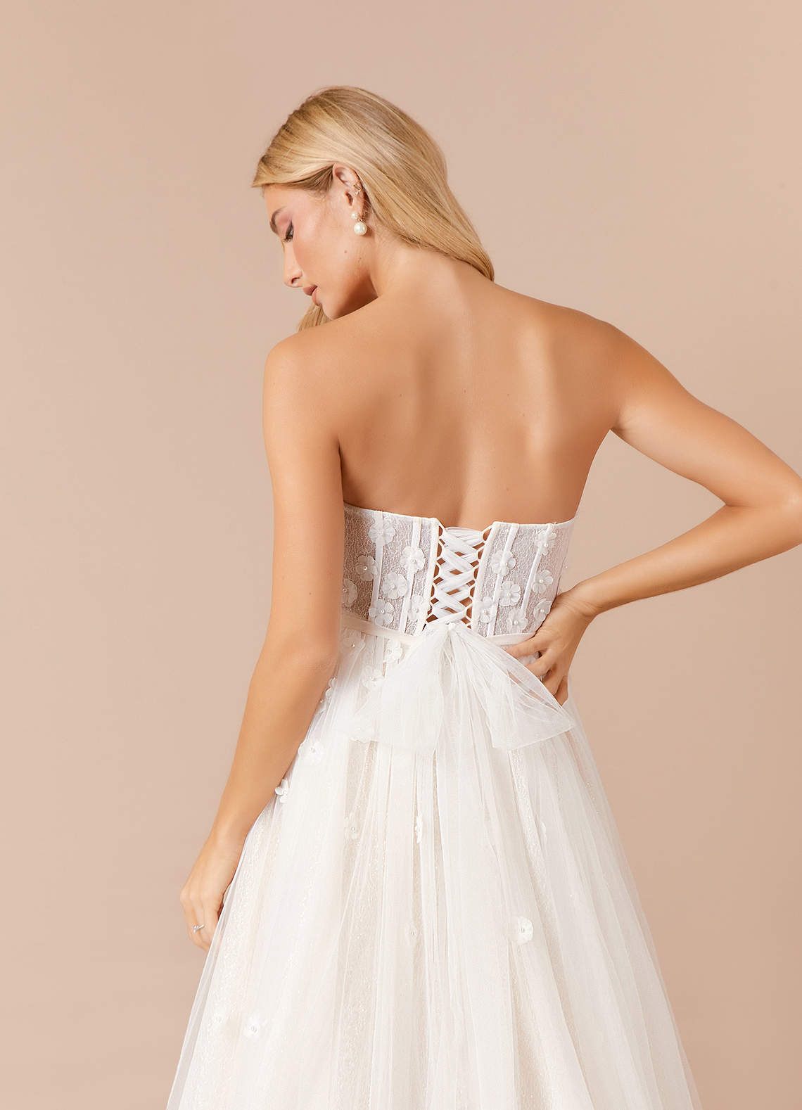 Azazie Airellie At-home Try On Dresses Diamond White Champagne A-Line Off the Shoulder Tulle Dress image9