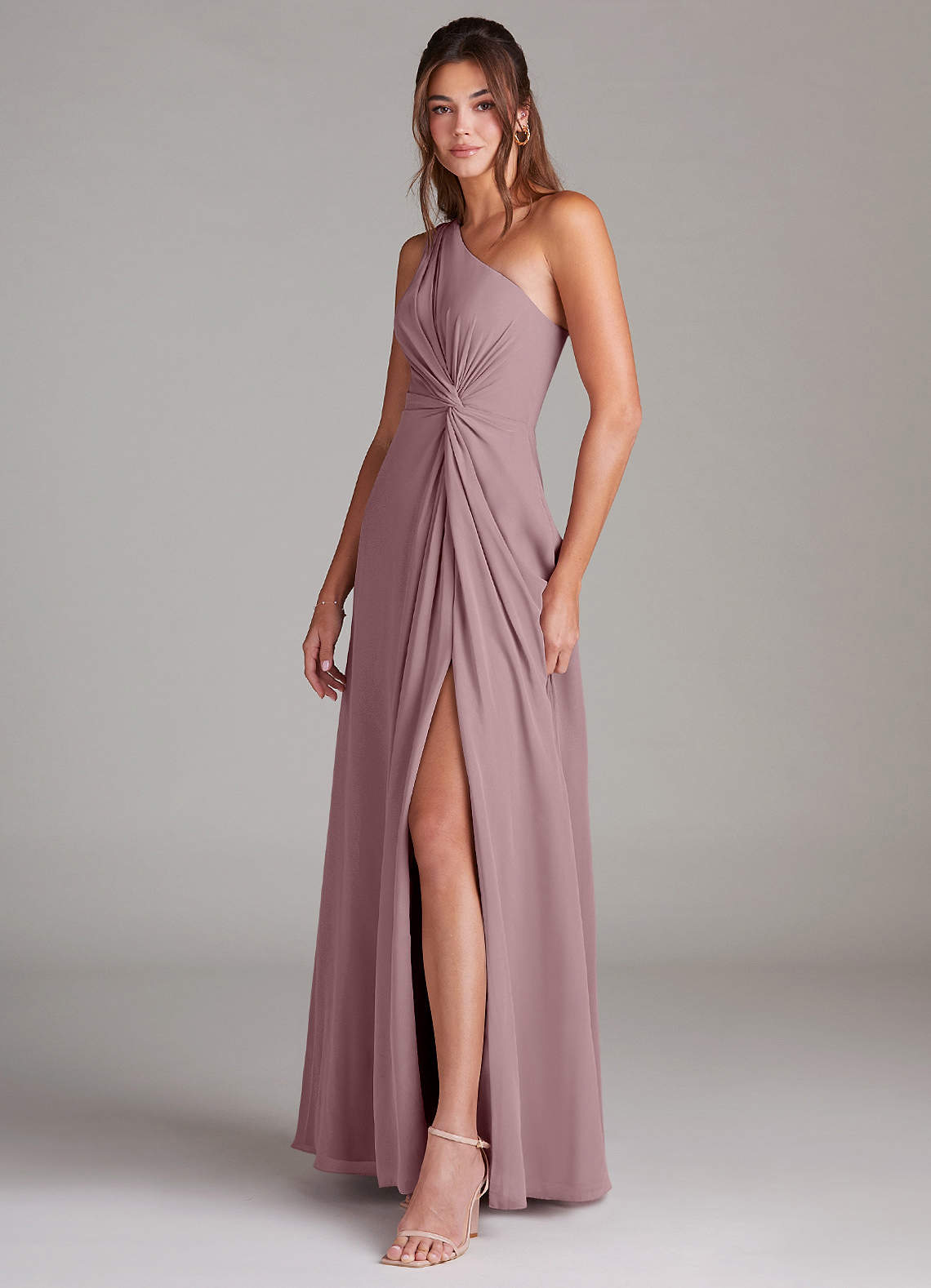 Azazie Brooke Bridesmaid Dresses Dusty Rose A-Line One Shoulder Chiffon Dress image4