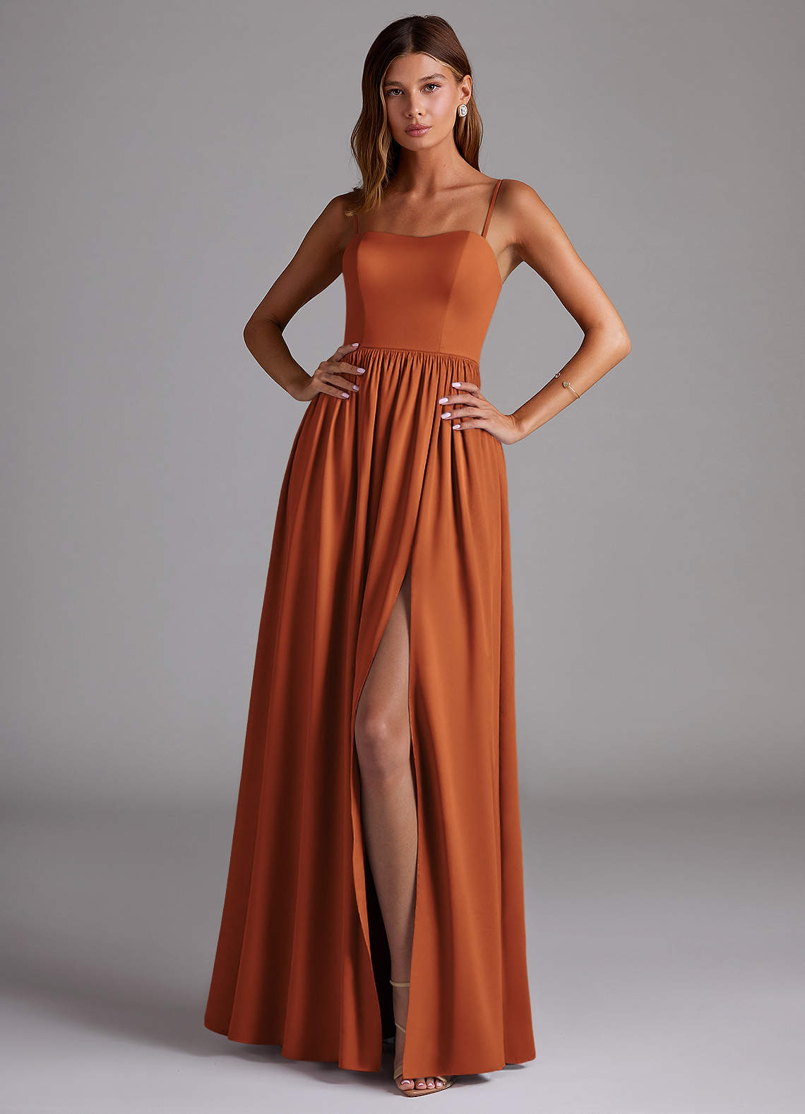 Azazie Calianna Bridesmaid Dresses Cinnamon A-Line Off the Shoulder Stretch Satin Convertible Dress image1