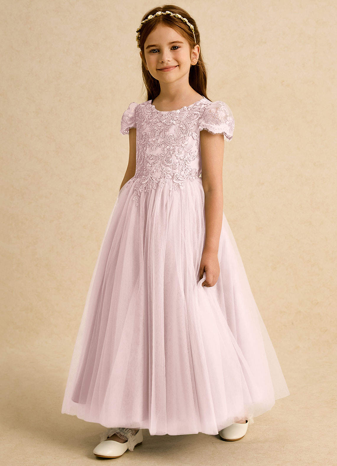 Azazie Puff Flower Girl Dresses Blushing Pink Ball-Gown Lace Tulle Dress image1