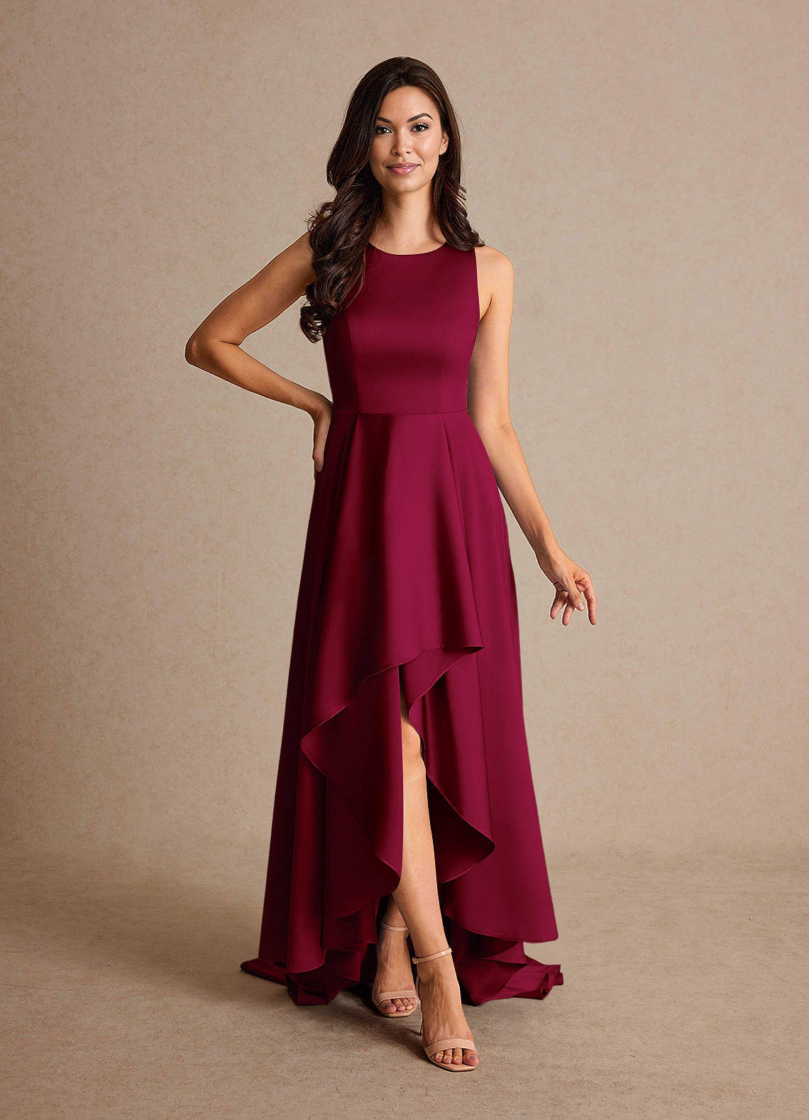 Azazie Niles Burgundy A-Line Trains Stretch Satin Dress Ready to Ship |  Azazie