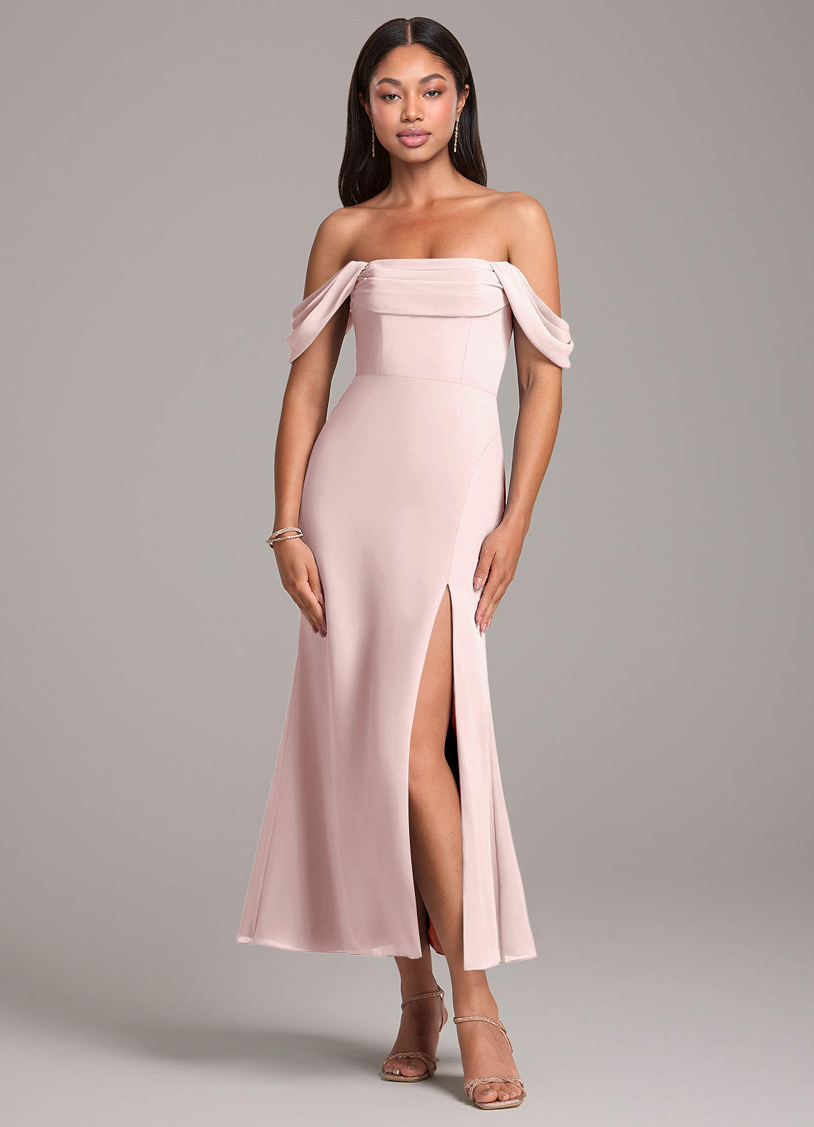 Azazie Saige Bridesmaid Dresses Blushing Pink Sheath Off the Shoulder Chiffon Convertible Dress image1