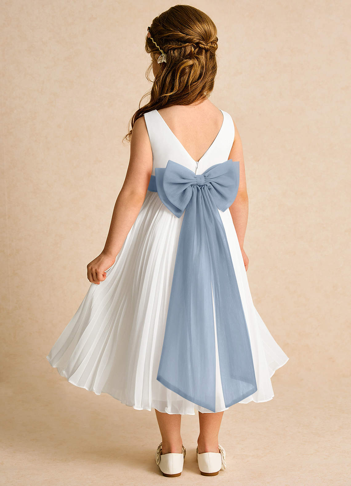 Azazie Margot Abiti da Ragazza di Fiori Abito A-Line in Chiffon Plissettato Avorio Blu Polvere image4