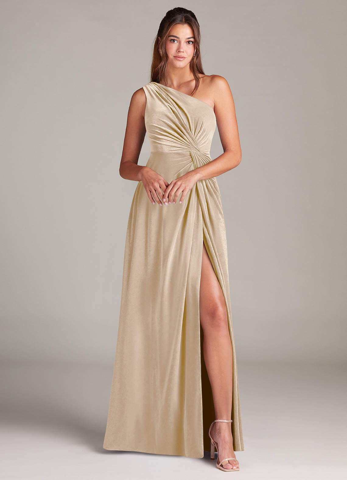 Azazie A-Line One-Shoulder Floor-Length Velvet Bridesmaid Dresses - champagne Azazie A-Line One-Shoulder Floor-Length Velvet Bridesmaid Dresses - champagne