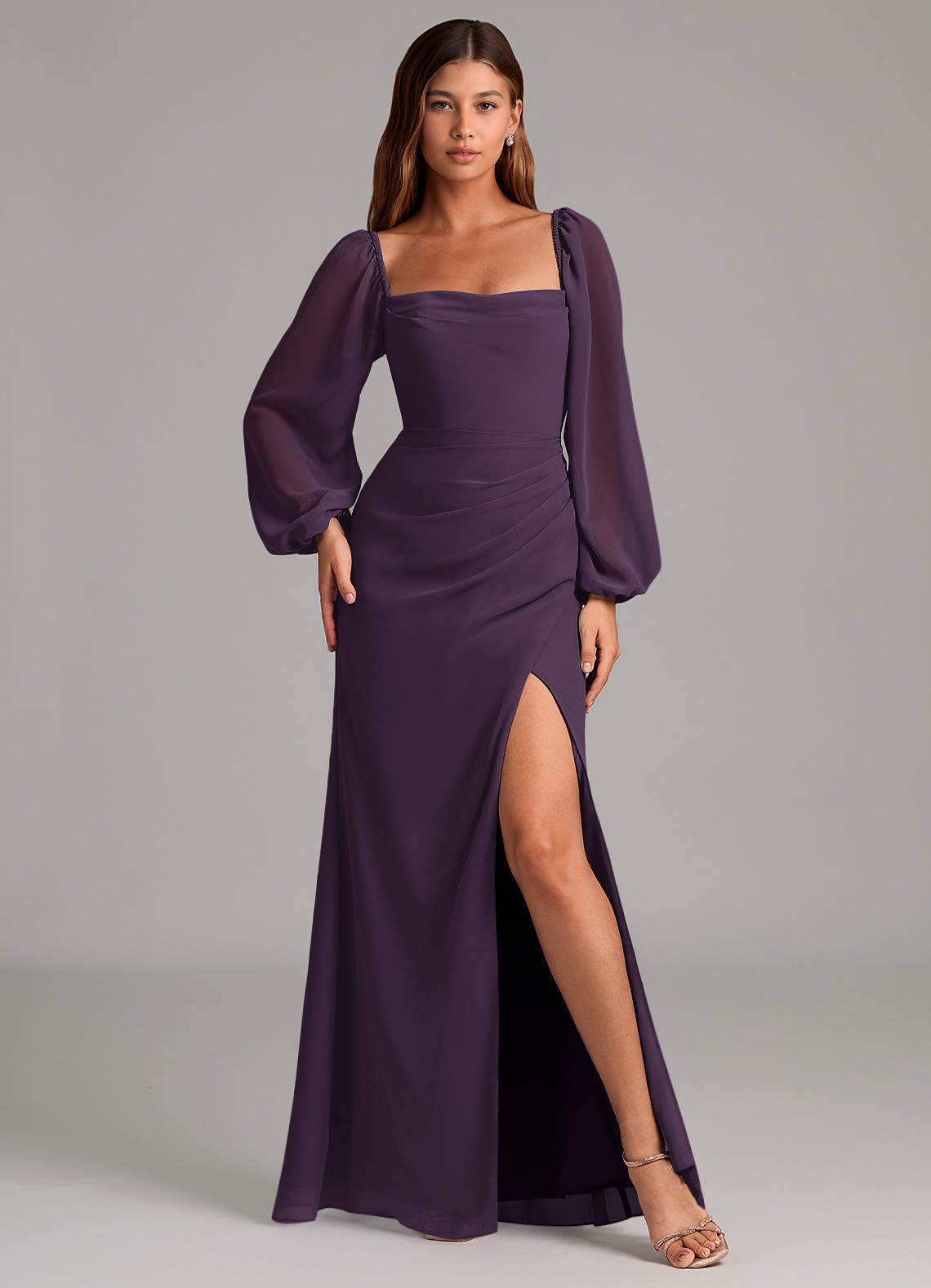 plum mermaid bridesmaid dresses Azazie Mermaid Sweetheart Long Sleeve Floor-Length Chiffon Bridesmaid Dresses