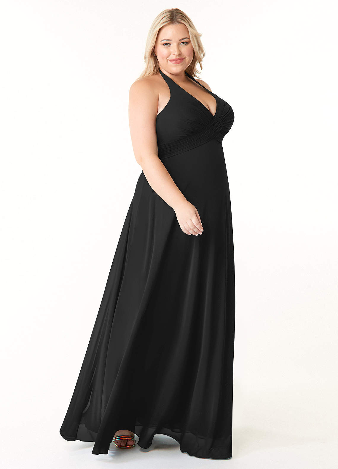 Azazie Tessie Vestidos de damas de honor Vestido de Negro de Gasa de Corte en A con Cuello en V plisado image7