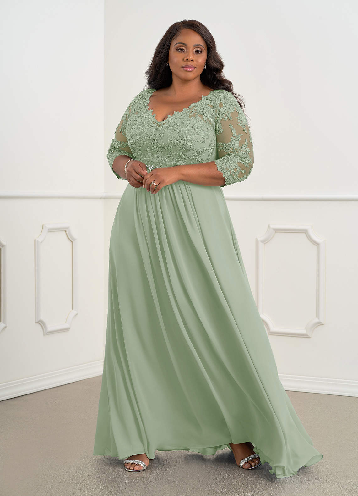 Azazie Hayek Mother of the Bride Dresses Dusty Sage A-Line V-Neck Lace Chiffon Dress image1
