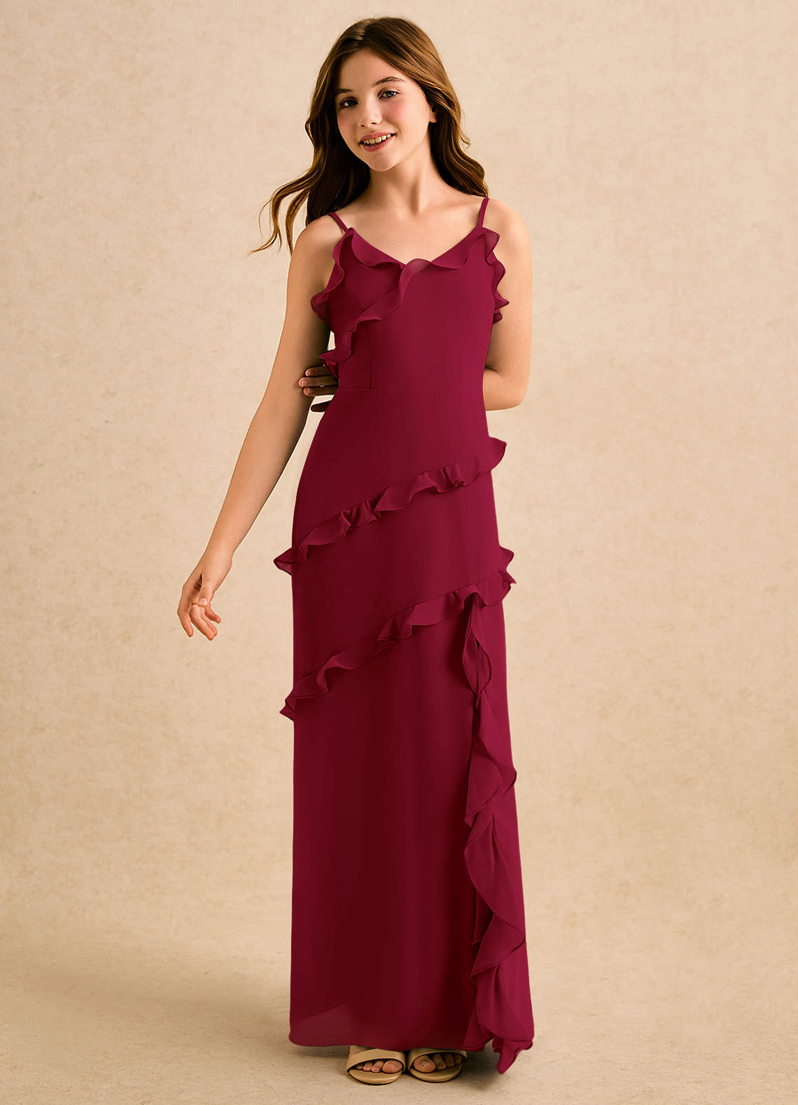 lola formal dresses Azazie Girls Burgundy A-Line Ruched Chiffon Dress Lehenga for wedding season 2024